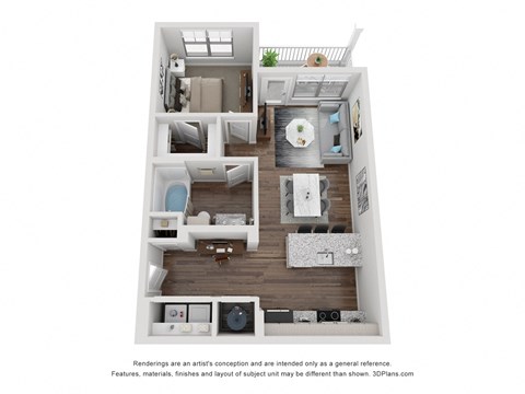 Floor plan for 1 bed, 1 bath, 689 sqft